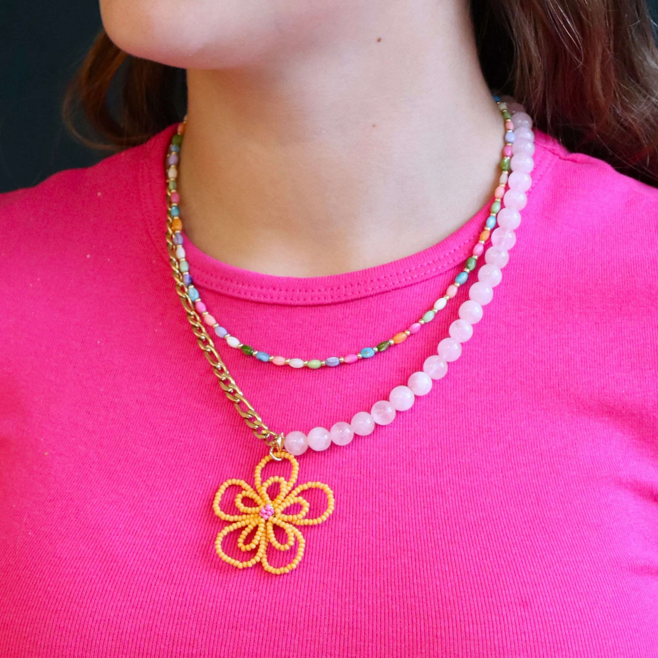 Kralenketting - rozenkwarts met oranje bloem - Image 4