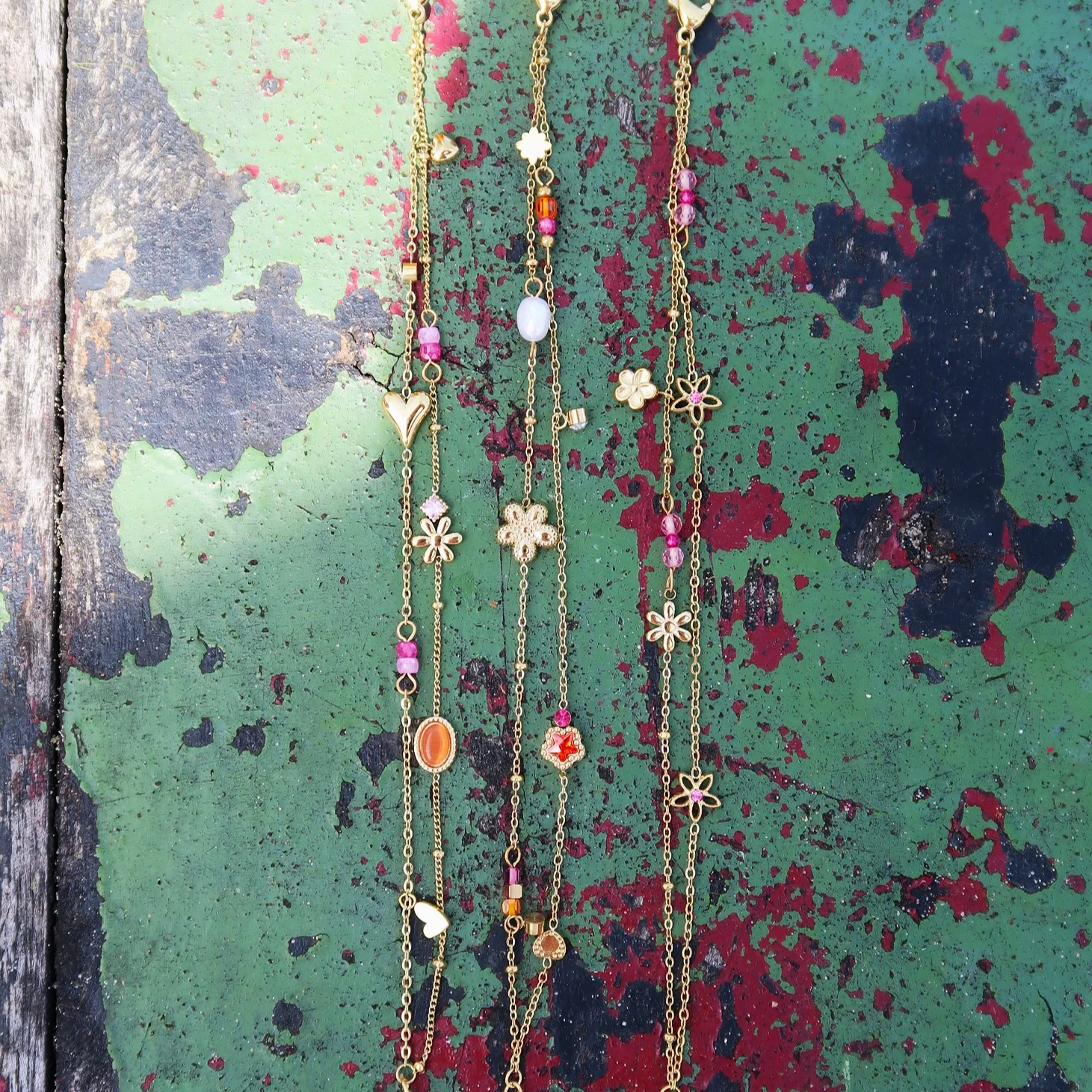 Stainless steel armband dubbel bloemen roze - Image 3