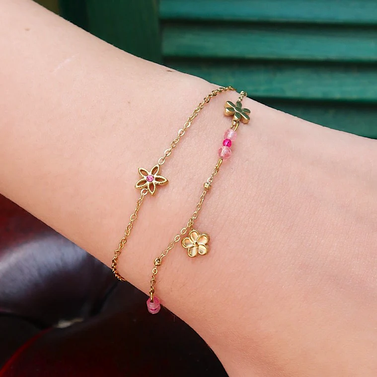 Stainless steel armband dubbel bloemen roze - Image 2