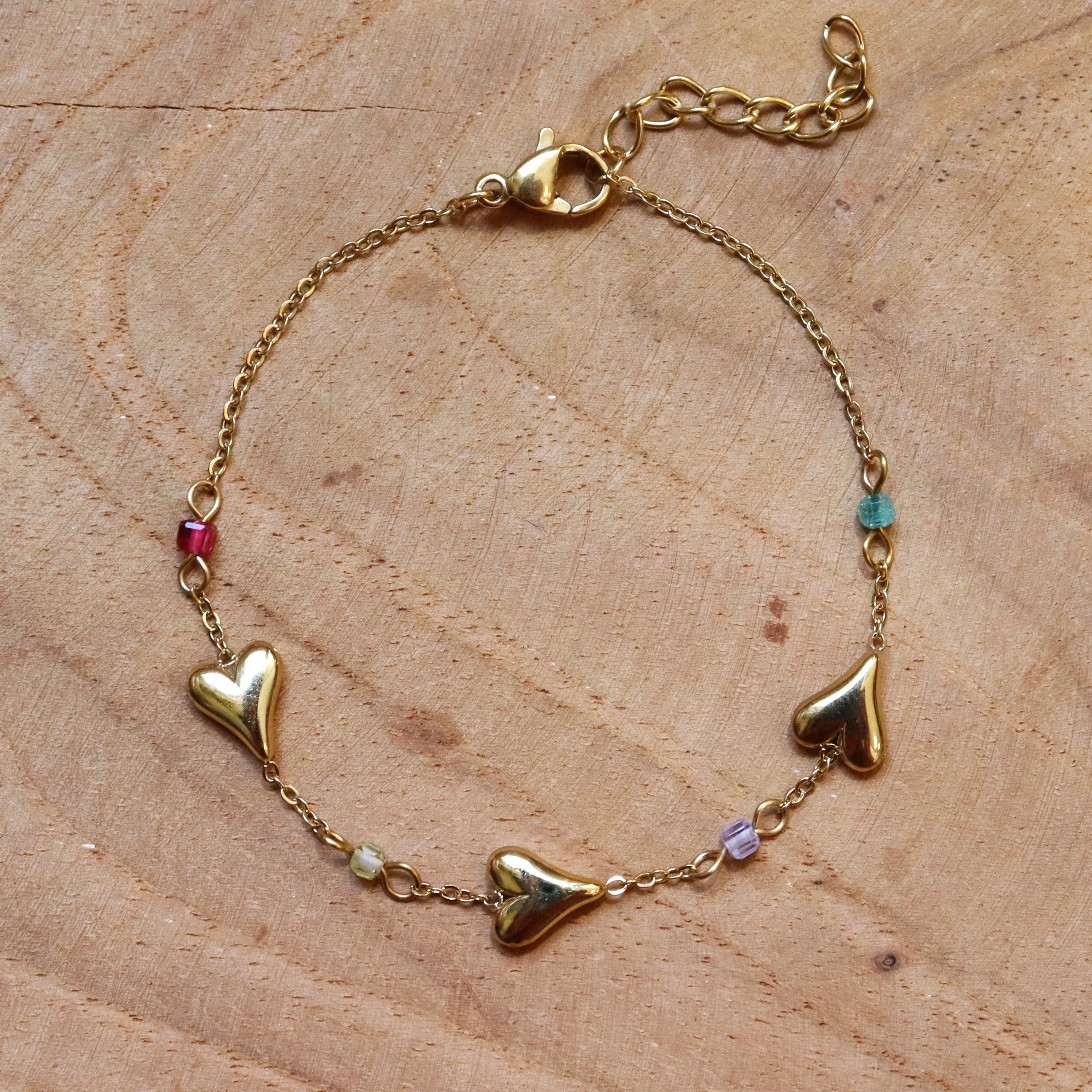 Stainless steel armband hartjes en kralen goud